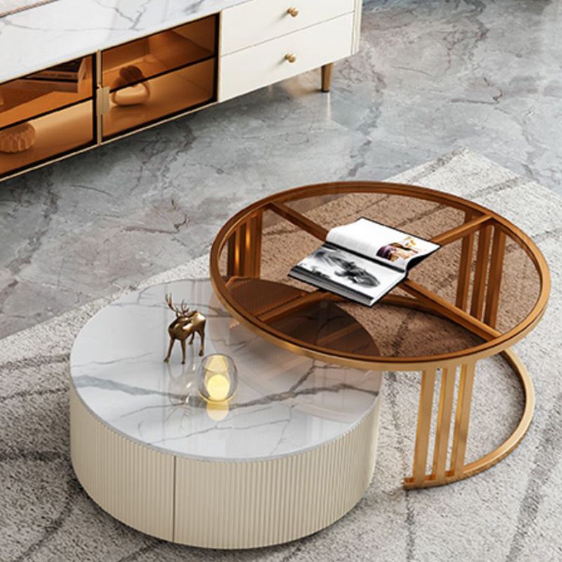 Glass Coffee Table Frame Round Nesting Coffee Table with Storage Drawers