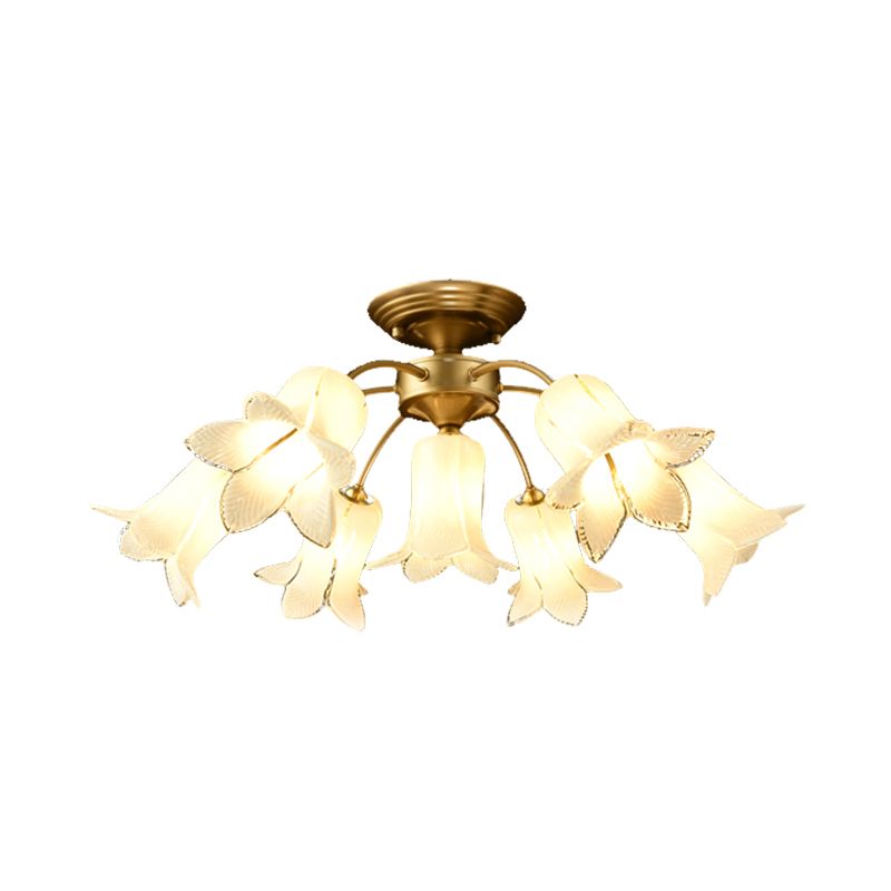 7 bulbos Luz de techo Campo Lily/Tulip White/Yellow/Purple Glass Semi Flush Mounting para sala de estar