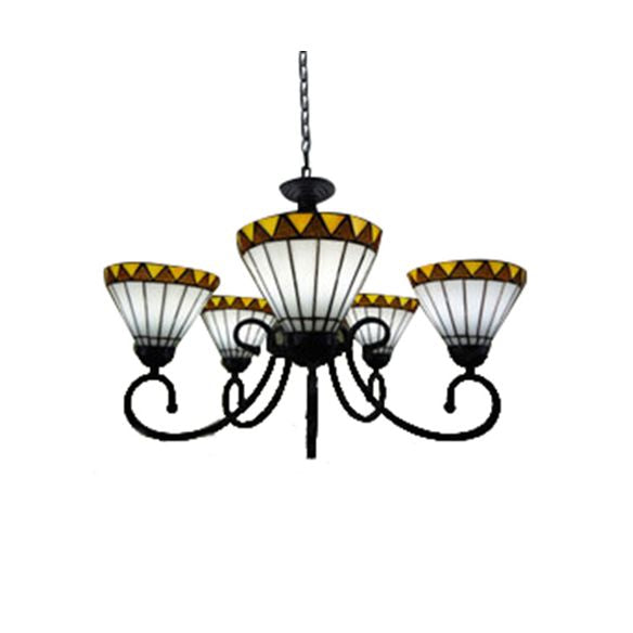 Country Cone Shade Chandelier Stained Glass 5 Lights Chandelier light in White for Living Room
