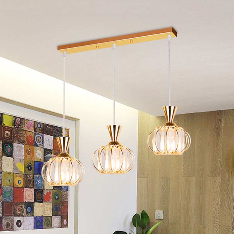 Gold Oval Cage Suspension Light Modernist 3-Head Crystal Prisms Multiple Hanging Lamp