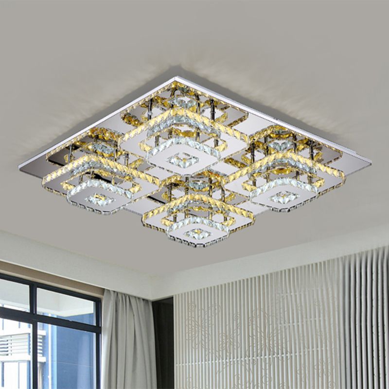 LED Ceiling Flush Mount Contemporary Bedroom Flush Light with Square Beveled Crystal Shade in Chrome