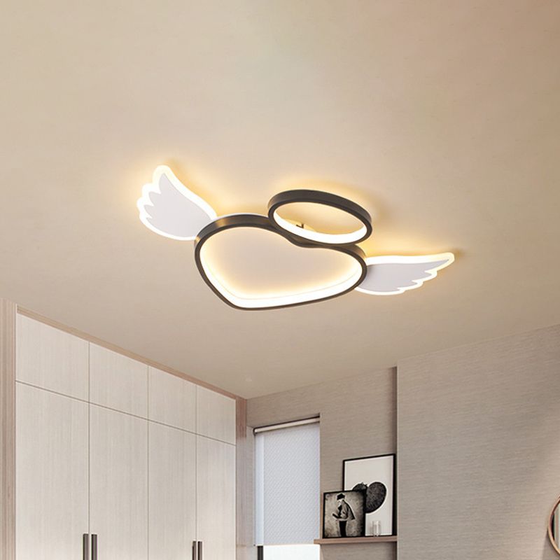Black Heart with Wing Ceiling Fixture Nordic LED Acrylic Flush Mount Lighting in Warm/White Light for Bedroom