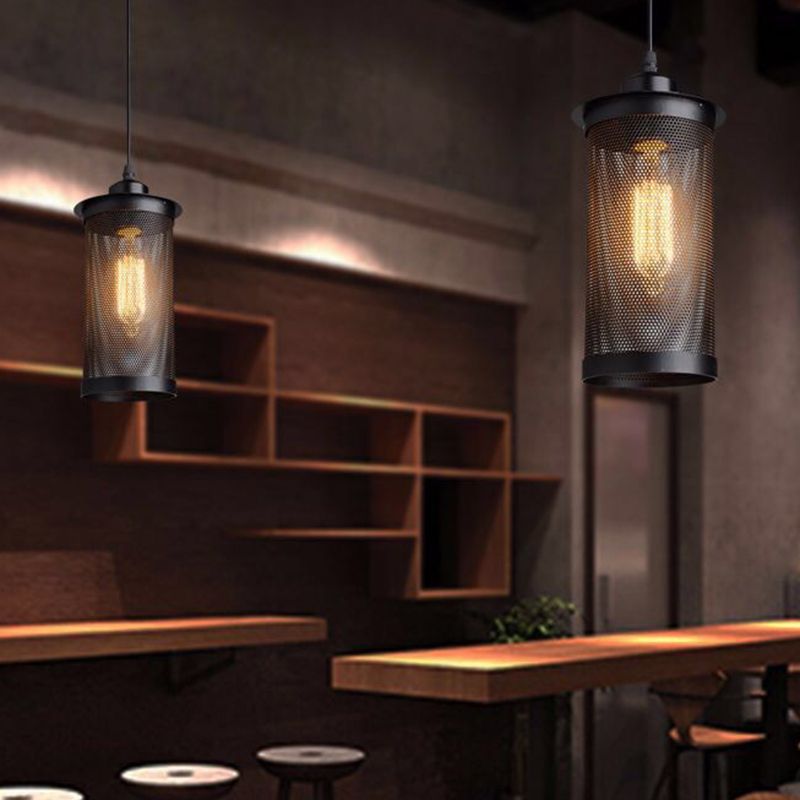 Metal Black Techo Hanging Lantern Cilíndrica Mesh 1 Cabeza Iluminación colgante industrial para café