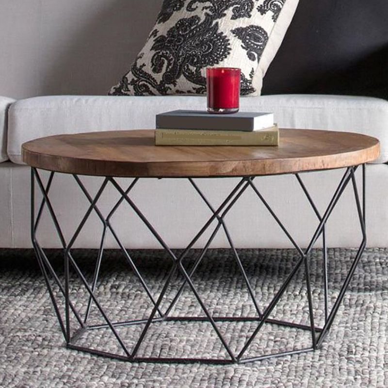 17.7" H Wood Round Top Coffee Table, Metal Frame Base Cocktail Table