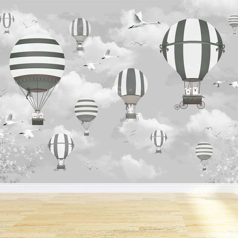 Rabbit Hot Air Balloon Mural Cartoon Non-Woven Fabric Wall Decor in Grey for Kids Room