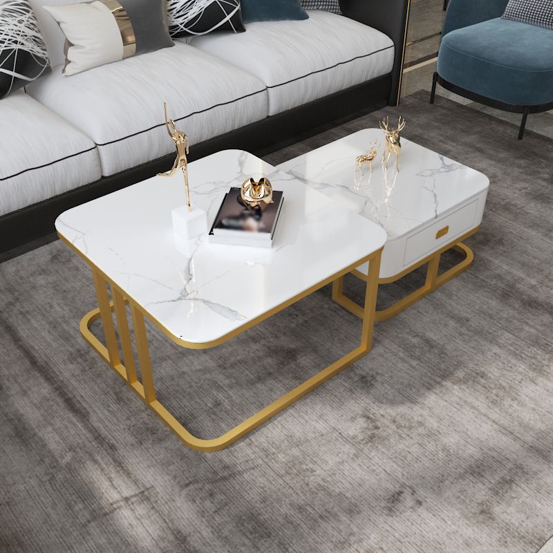Round Slate/ Glass Coffee Table Frame 2 Nesting Cocktail Table with Storage