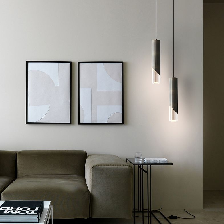 Cilindrische koperen LED -verlichting Hanger Acryl schaduw Minimalisme Slaapkamer Suspensielamp met 78,7 "Hangdraad