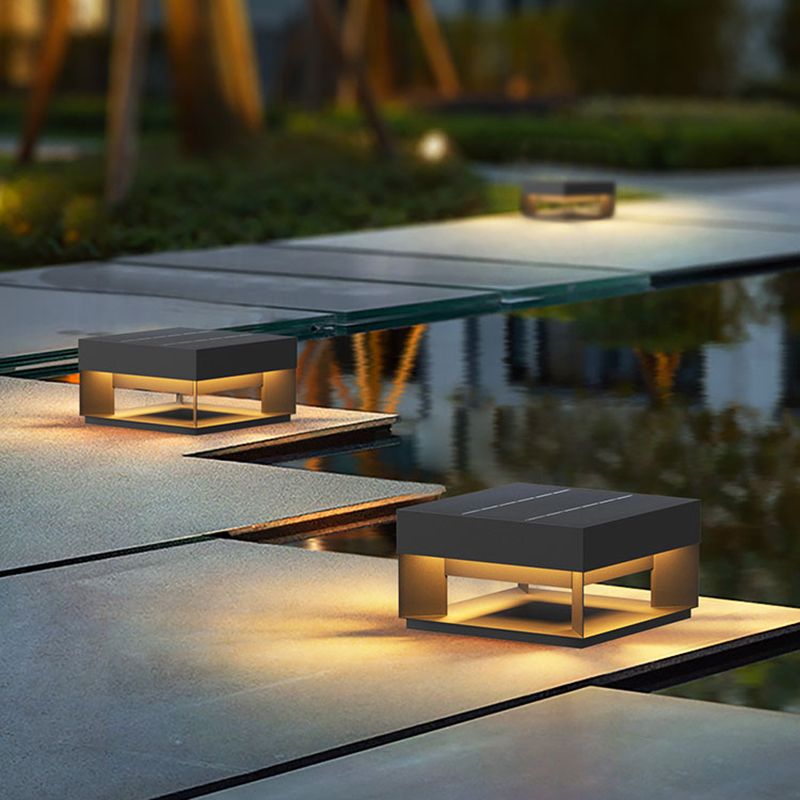Contemporary Metal Pillar Lamp Square Shape Outdoor Waterproof Light in Black