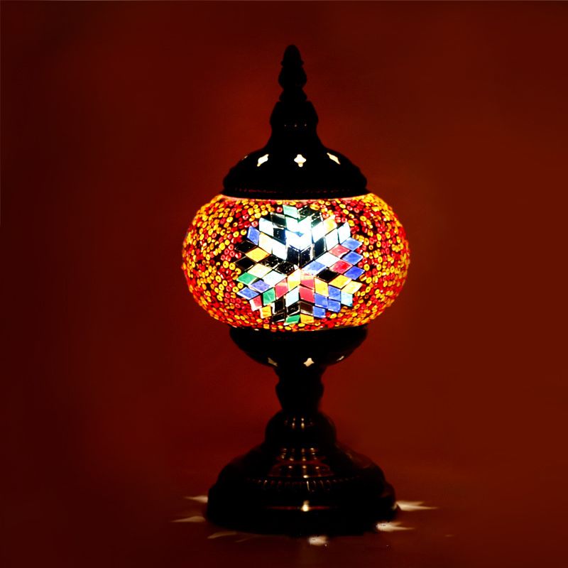 Bronze 1 Bulb Nightstand Lamp Moroccan Mosaic Glass Lantern Table Light for Living Room