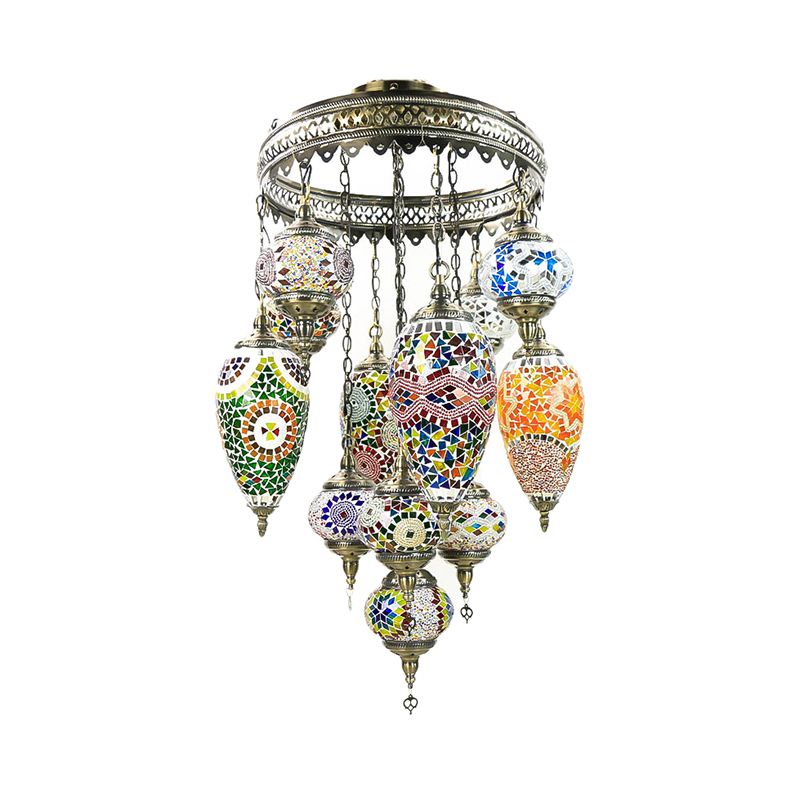 Traditionary Ball and Teardrop Chandelier Lamp Colorful Glass 12 Heads Ceiling Light Fixture in Bronze for Restaurant