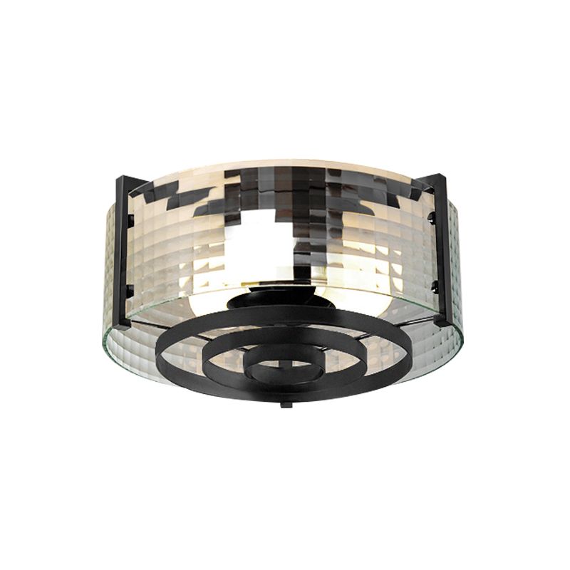 Clear Trellis/Stripe Glass Round Flushmount Modernist 3 Bulbs Bedroom Flush Mounted Light in Black