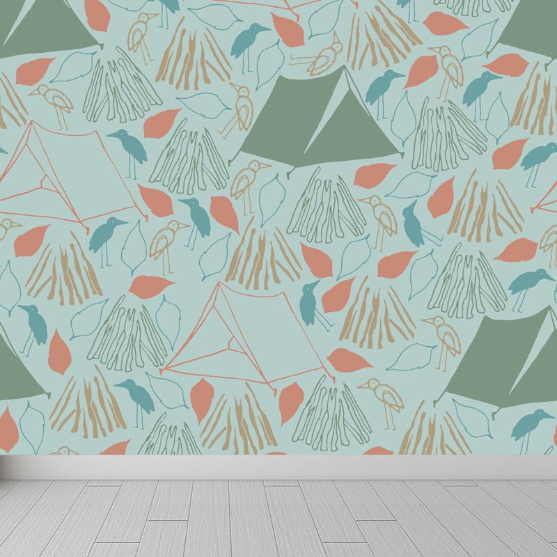 Kids Camping Patterned Mural Decal Soft Color Waterproofing Wall Art for Bedroom