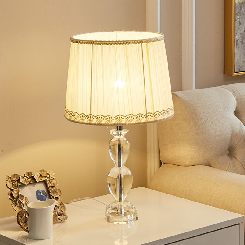 Beige Barrel Table Light Traditional Pleated Fabric 1-Bulb Drawing Room Crystal Nightstand Lamp
