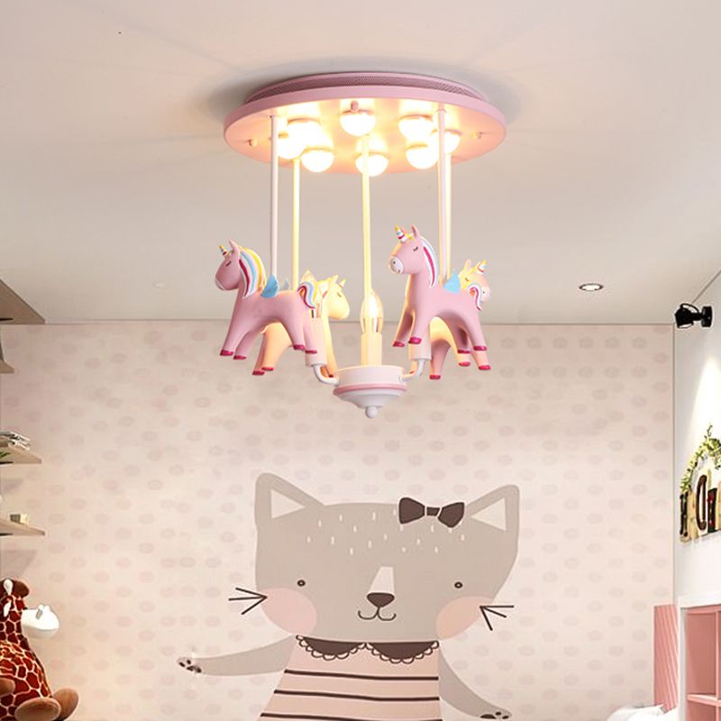 Plafonnier licorne arc-en-ciel en résine, 11 ampoules, luminaire Semi-affleurant pour chambre d'enfant