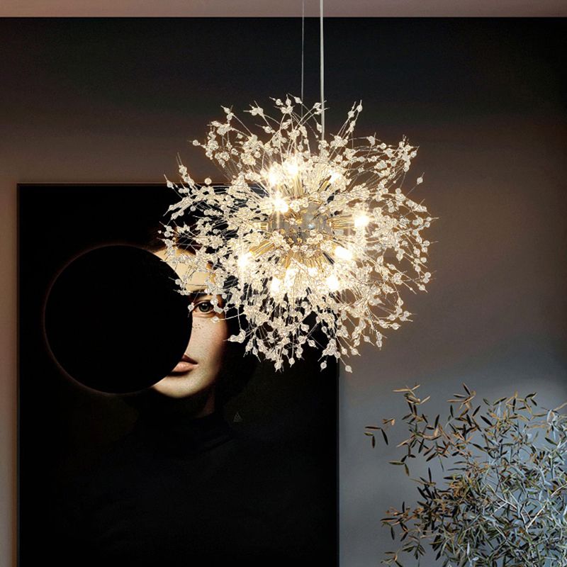 Modern Stylish Dandelion Chandelier Clear Crystal Bead Bedroom LED Ceiling Light in Brass