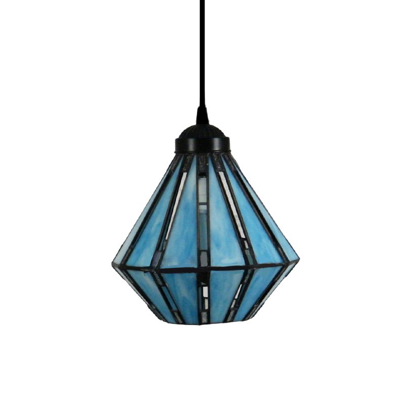 Cut Glass Diamond Drop Lamp Mediterranean 1 Head Blue Mini Pendant Lighting for Foyer
