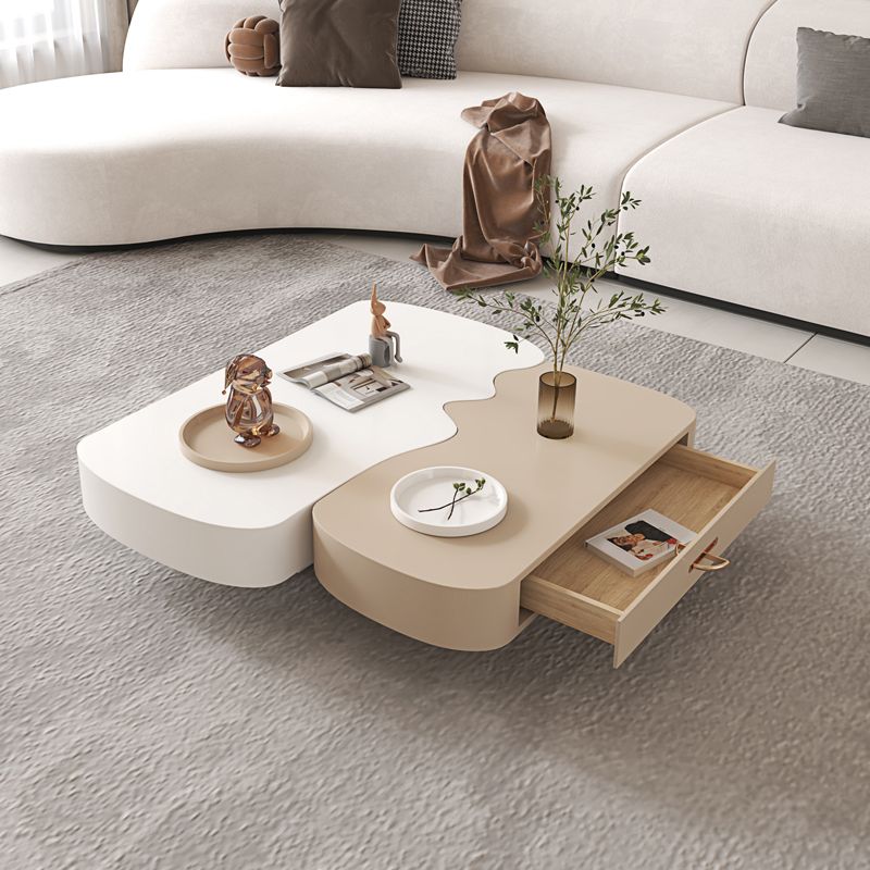 Abstract Coffee Cocktail Table with Storage White Wooden Modern