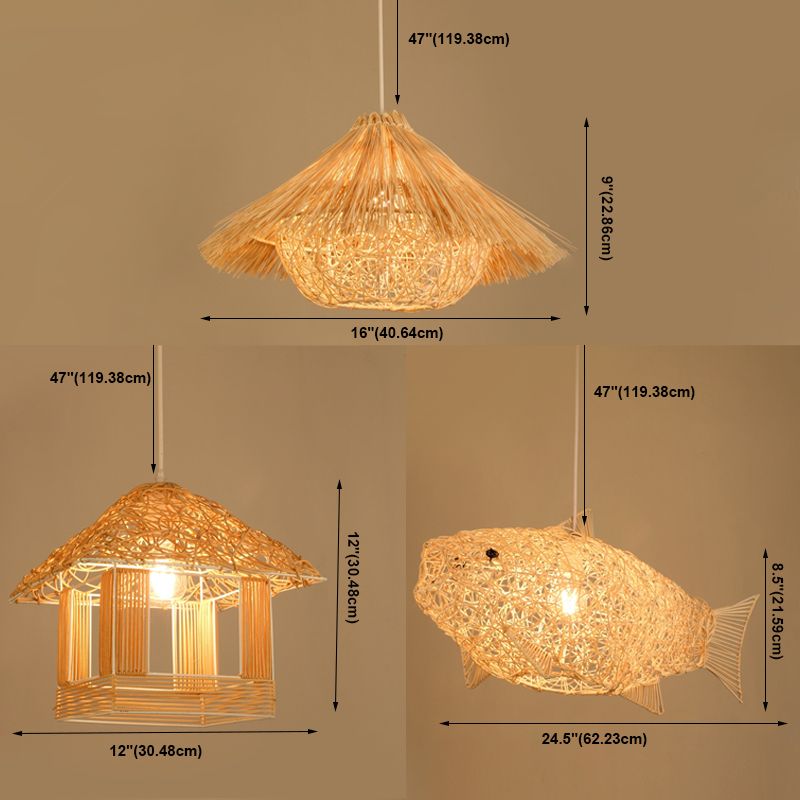 Asian Pendant Lighting Fixture 1-Light Beige Hanging Lamp Kit with Rattan Shade