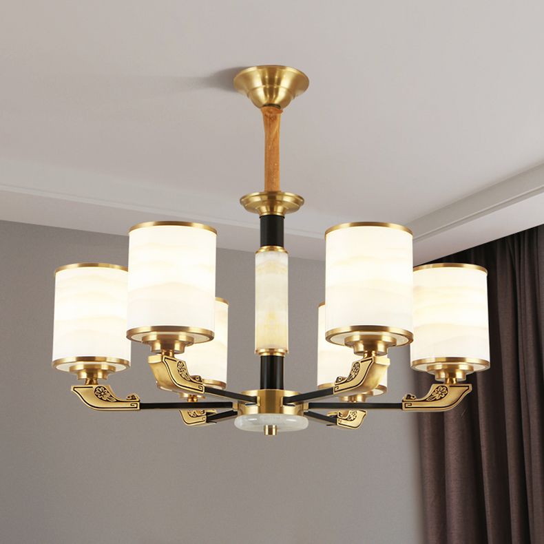 Contemporary Cylindrical Hanging Pendant Light Copper Ceiling Chandelier with Glass Shade