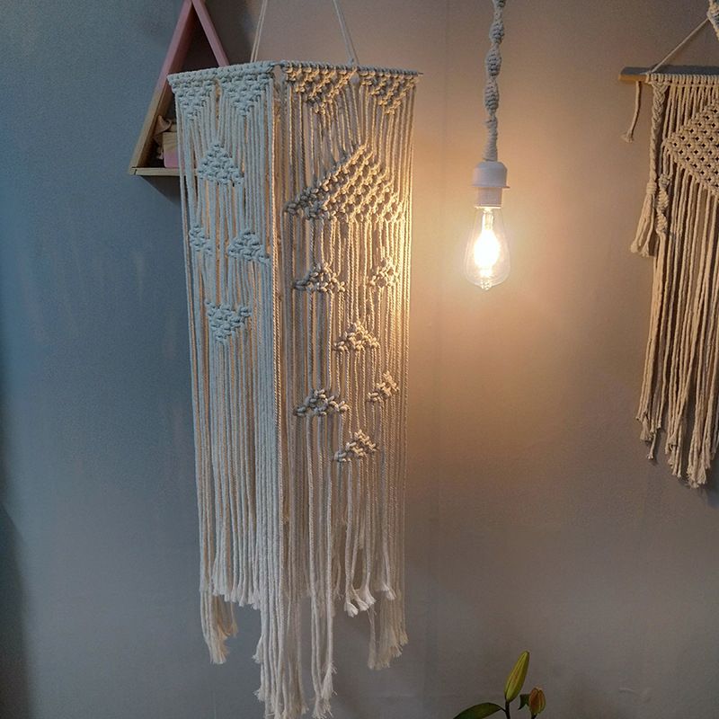 White 1 Head Pendulum Light Traditional Rope Braided Rectangle Suspension Lamp for Bedroom