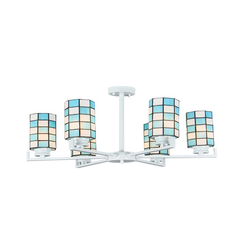 Stained Glass Black/White Semi Mount Lighting Cylinder 3/6/8 Lights Baroque Ceiling Mounted Light