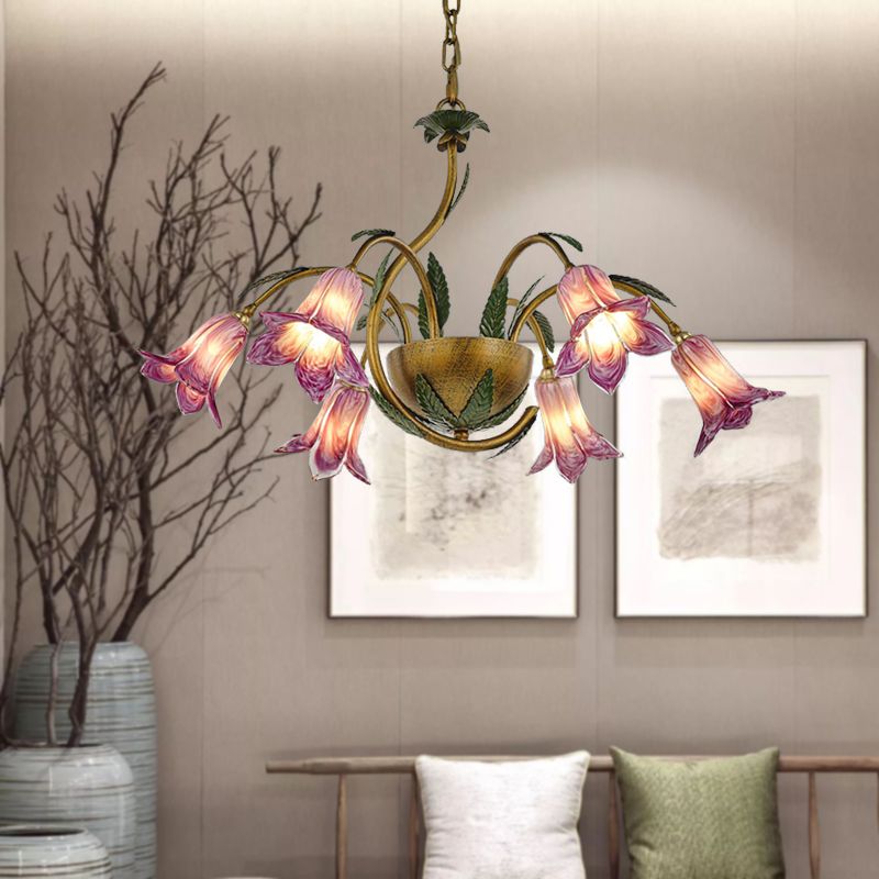 Brass 6 Heads Chandelier Lighting Vintage White/Purple Glass Bloom Pendant Ceiling Light for Bedroom