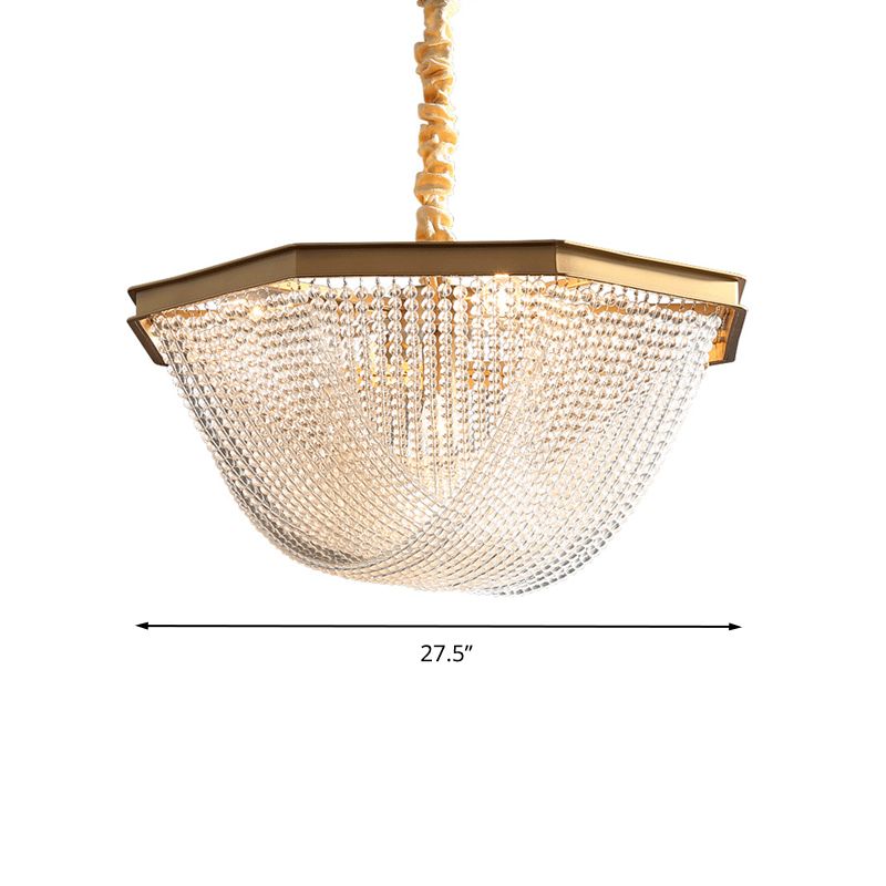 Dome Chandelier Lighting Fixture Postmodern Crystal Strand 5/6 Lights Gold Hanging Lamp
