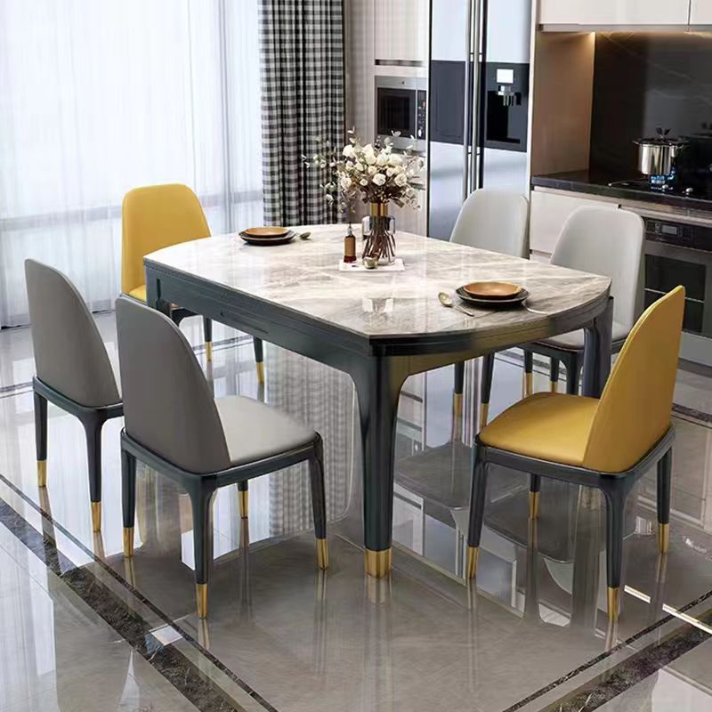 Drop-Leaf Dining Table Sintered Stone Dinner Table with Wooden Base