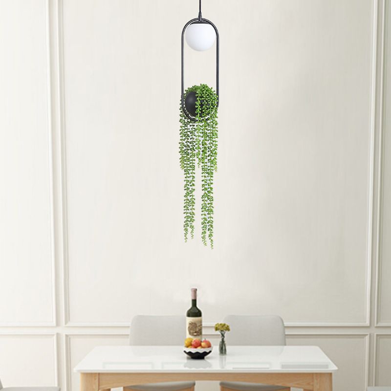 Kugelförmige Schlafzimmer Hanging Lampe Industrielles weißes Glas 1-Fulb schwarzer Pflanzenanhänger mit ovalem Käfig