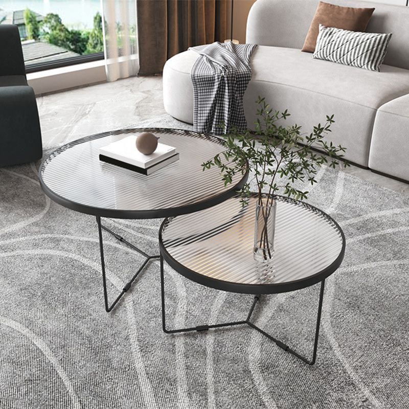 Contemporary Round Glass Top Metal Cross Legs Nesting Coffee Table