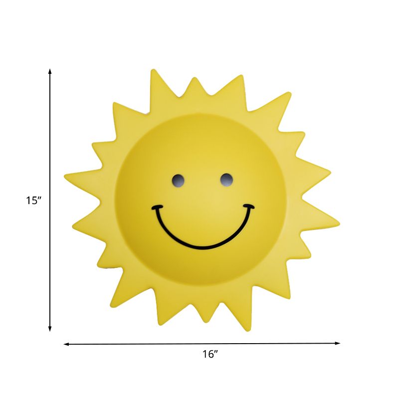 Lámpara de plástico en forma de sol Lámpara de pared LED de dibujos animados en amarillo para dormitorio infantil