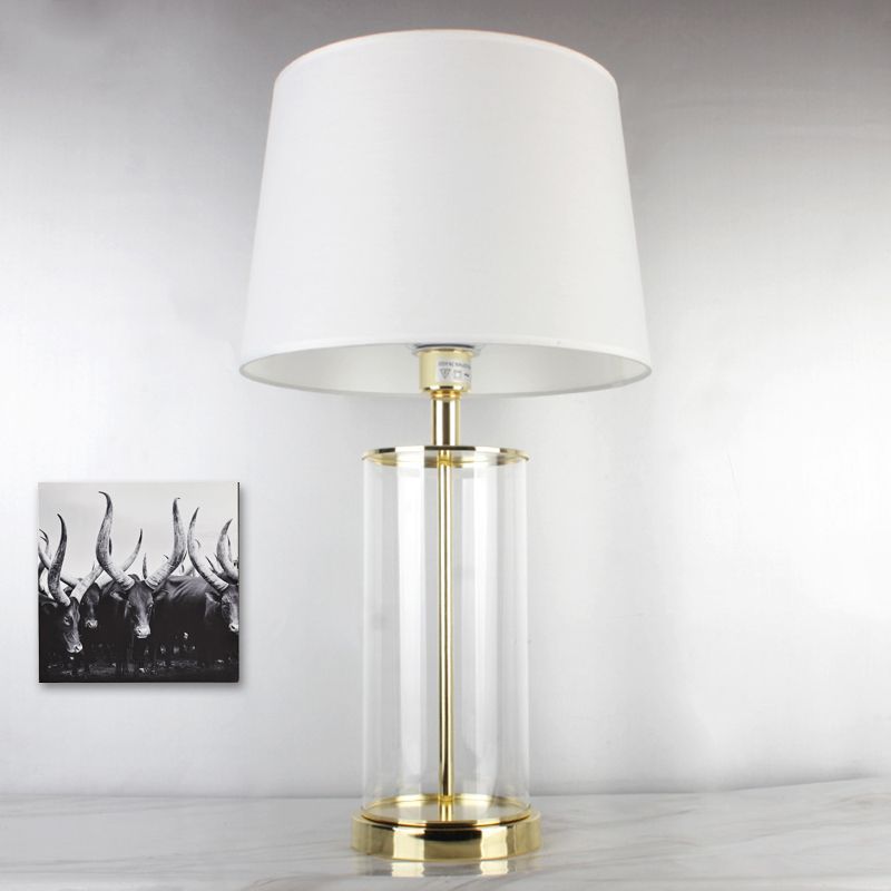 Modernismo 1 scrivania head leggera leggera lampada da tavolo da tamburo affusolato conico con tonalità in tessuto