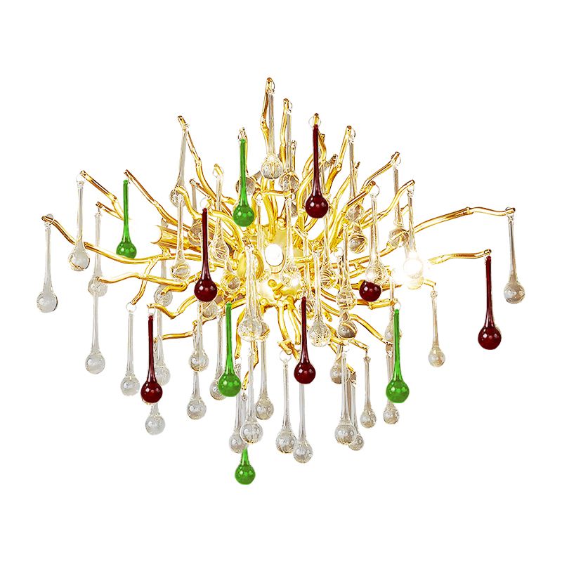 Starburst Wall Mount Light Art Deco Clear/Smoke Gray/Multicolor Waterdrop Crystal 3 Heads Gold Sconce Light Fixture