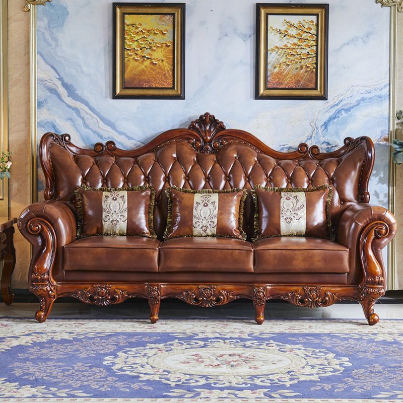 Traditional Tufted Split-Back Seating Flared Arm Sofa with Pillows in Brown