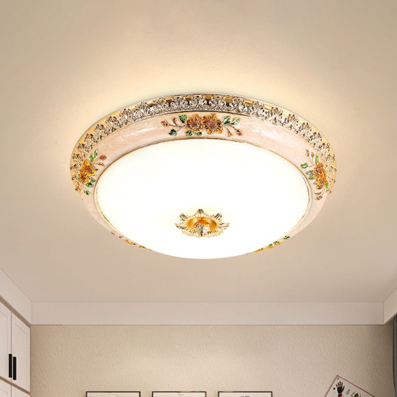12"/16"/19,5" Breite, goldfarbene gewölbte Deckenbündige, traditionelle LED-Schlafzimmer-Unterputzbeleuchtung aus undurchsichtigem Glas mit geschnitzter Blume