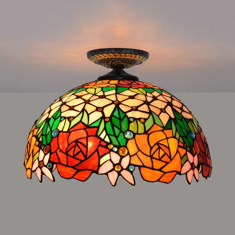 Bronze Rose/Blume Deckenlampe Tiffany 1 Birne Multicolored Buntglas-Unterputz Beleuchtung