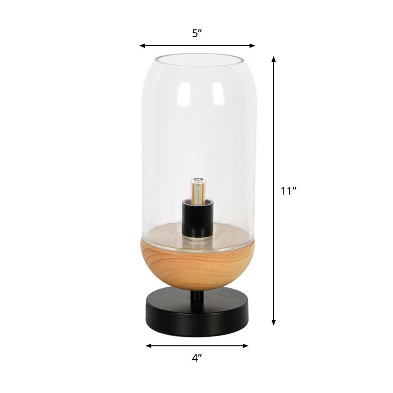 Moderna illuminazione da tavolo a LED Lampada da scrivania piccola con cilindro nero e legno con paralume in vetro trasparente