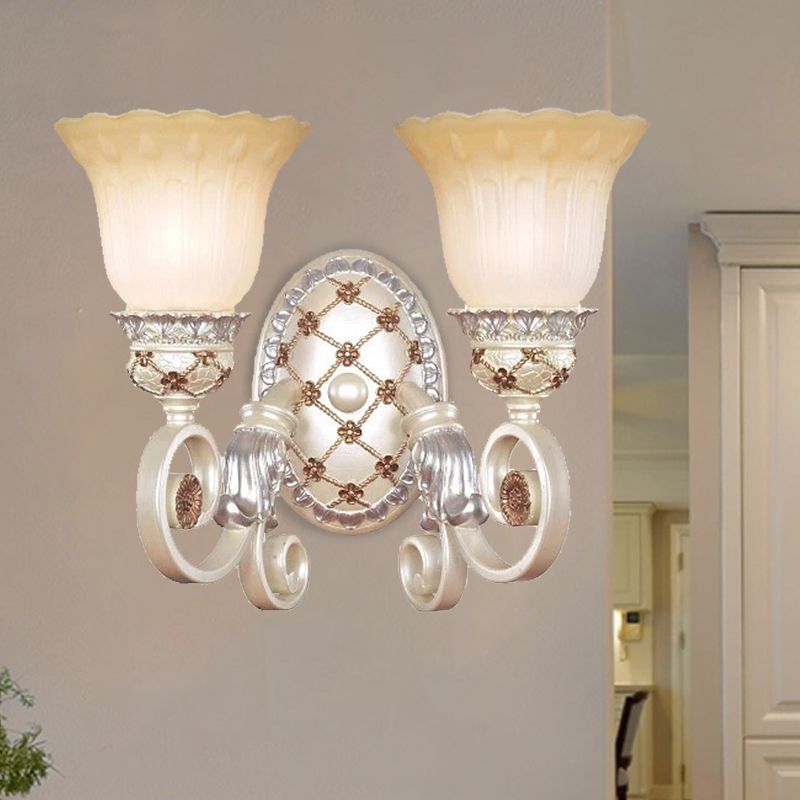 French Country Blossom Wall Sconce 1/2-Light Opaline Glass Wall Lighting Idea with Swirl Arm in Gold
