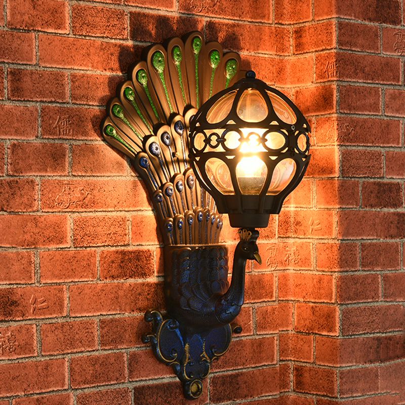 Lake Blue Globe Wall Light Fixture Industrial Metal 1 Light Hallway Wall Mount Sconce with Peacock Backplate