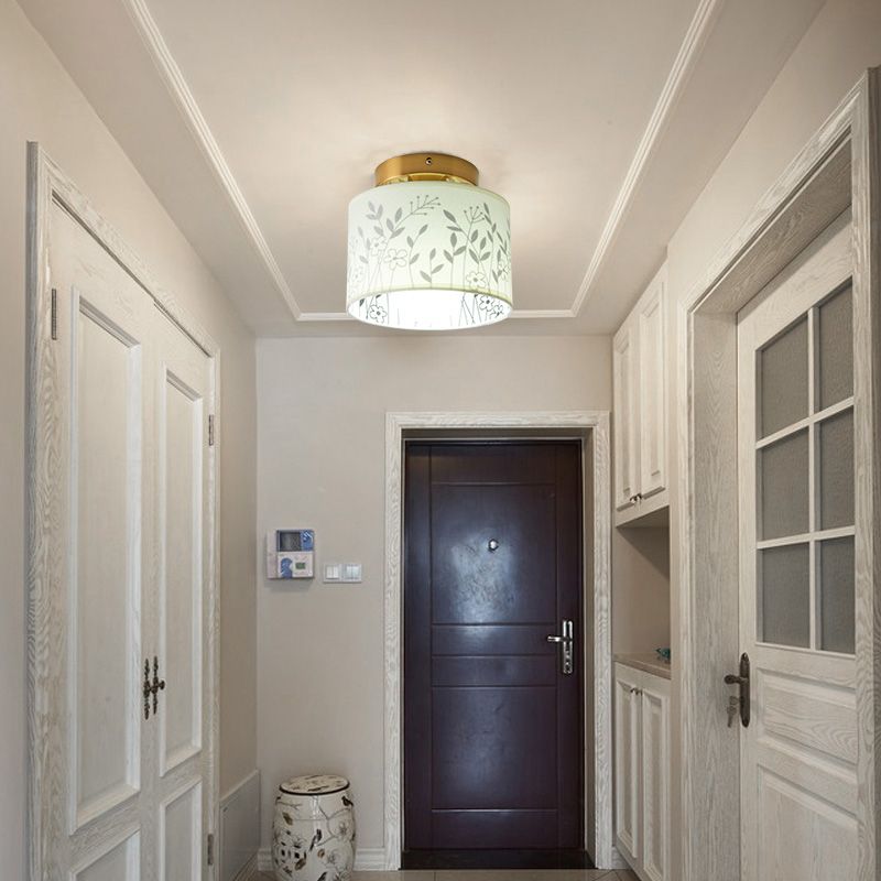 Fabric Cylinder Flush Mount Fixture with Flower/Deer Pattern Nordic 1 Bulb Flush Mount Ceiling Light for Foyer