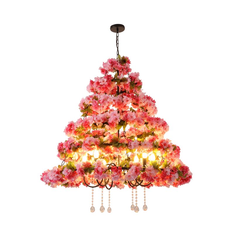 Metal Black Chandelier Lighting Cherry Blossom 6 Lights Retro LED Ceiling Pendant with Crystal Draping