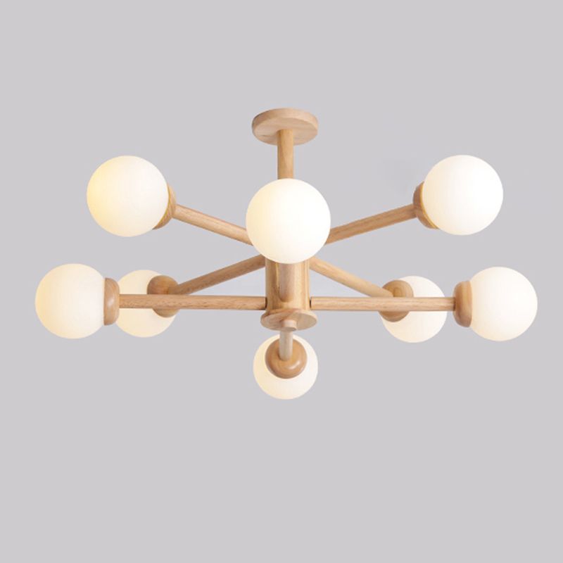 Wood Chandelier Nordic Style Pendant Lamp with White Glass Shade for Living Room