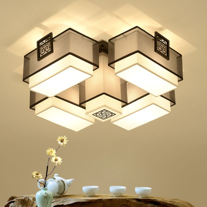 White Fabrics Flush Mount in Traditional Style Geometric Multi-Light Ceiling Light
