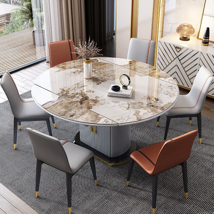 Mesa de comedor de piedra sinterizada de estilo moderno, mesa redonda abatible con base de metal