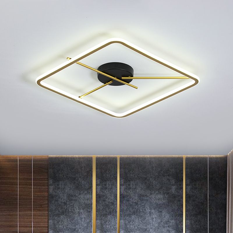 Black-Gold Square Frame Thin Flush Mount Minimalist Aluminum LED Close to Ceiling Light with Rod Fixture Arm in Warm/White Light