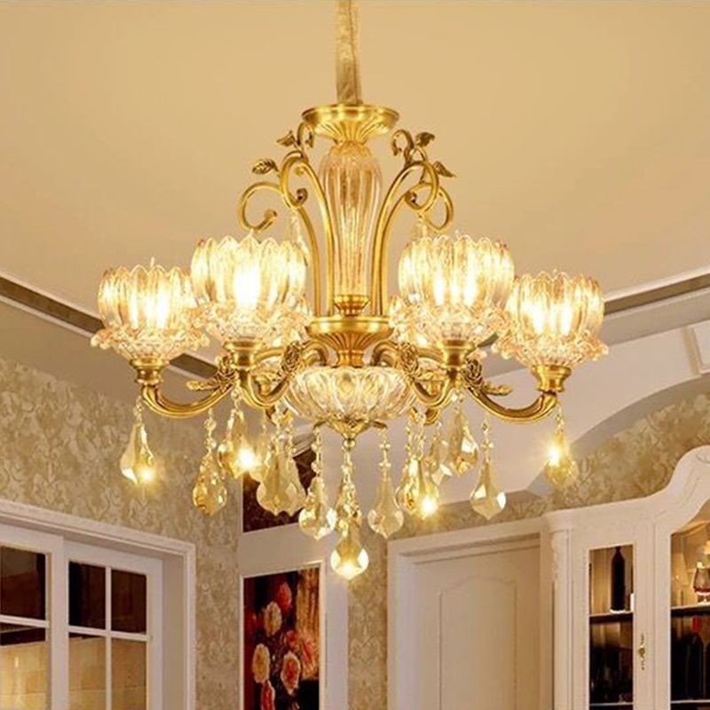 Carved Crystal Hanging Light Antique Gold Finish Lotus Dining Room Ceiling Chandelier