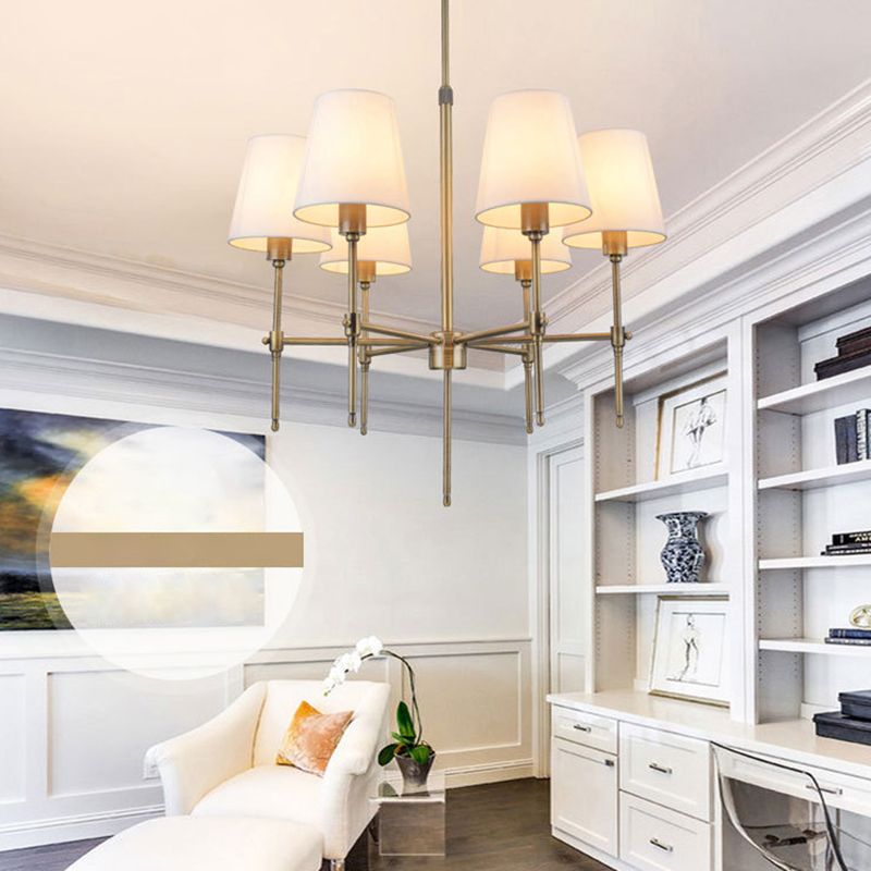 Gold Metal Radial Pendant Light Mid-Century Modern White Burlap Shade Bedroom Chandelier Lighting