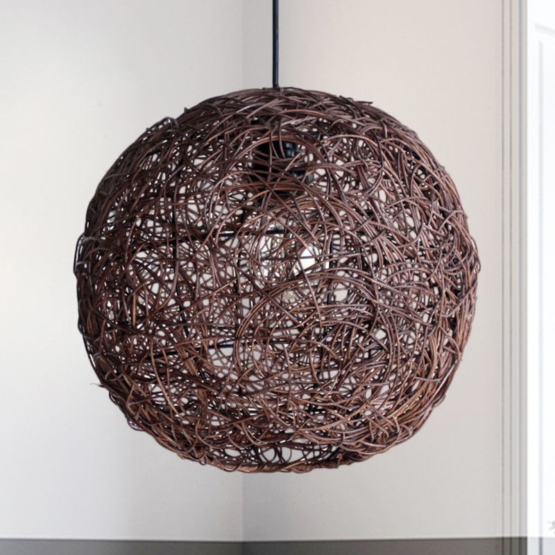 Coffee Globe Hanging Light Asian 1 Bulb Rattan Pendant Lighting Fixture for Bedroom