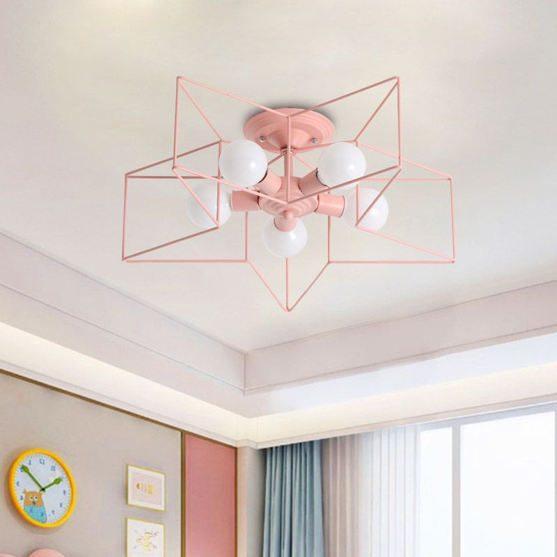 Pentacle Frame Iron Flush Mount Light Kids 5-Bulb Pink/Grey/Blue Semi Flush Ceiling Light for Baby Room