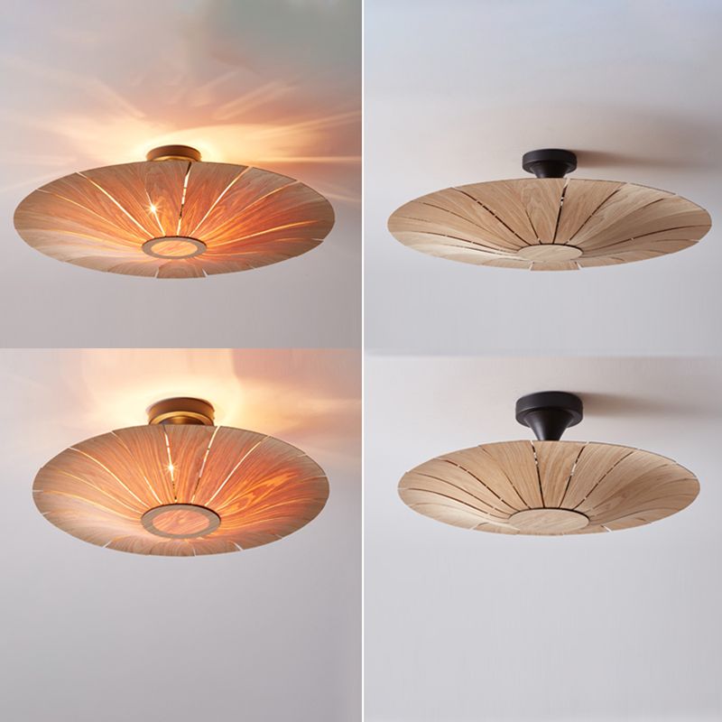 Simple Flush Mount Light Fixture Modern Ceiling Lamp with Wooden Shade for Sitting Room